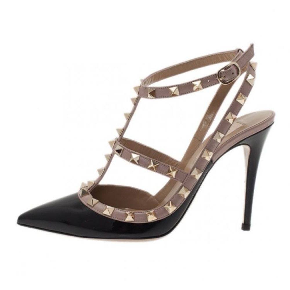 Authentic Valentino Black/Beige Leather Rockstud Ankle Strap Sandals Size 38